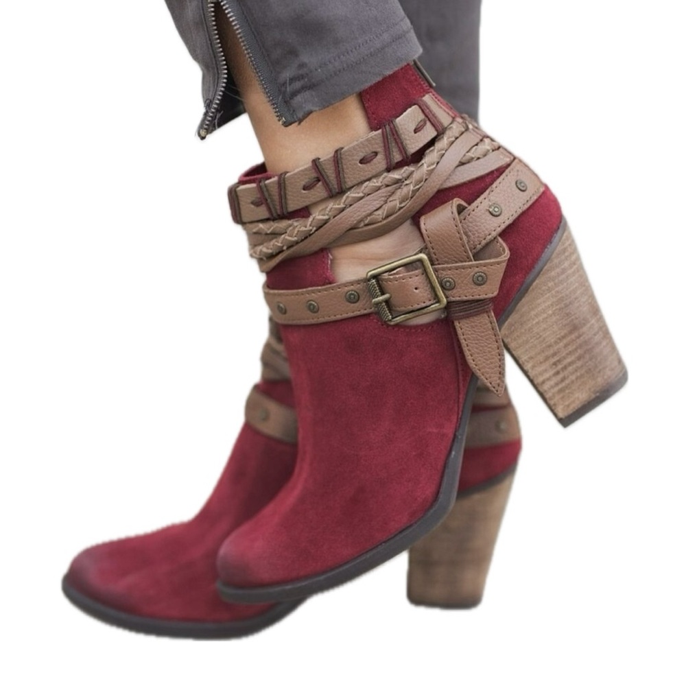 Naughty Monkey Red Suede Leather Ankle Bootie Round Toe Side Zip Womens 7.5 - Picture 3 of 12